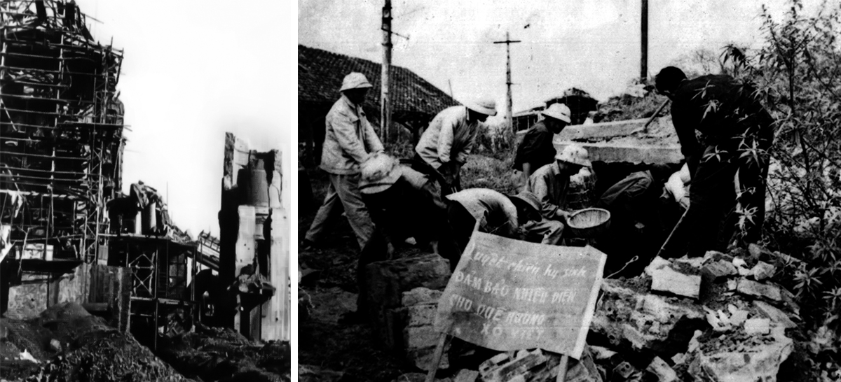 Ống khói Nhà máy điện bị bom Mỹ tàn phá; Cán bộ, nhân viên Nhà máy điện với tinh thần 